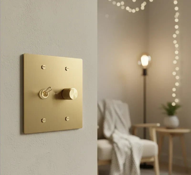 Brass Light switch on a wall 2 gang switch plate with Toggle and rotary dimmer