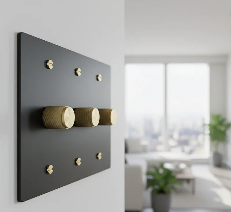 Close-up of a 3-gang knurled brass dimmer switch on a matte black wall plate in a modern living room