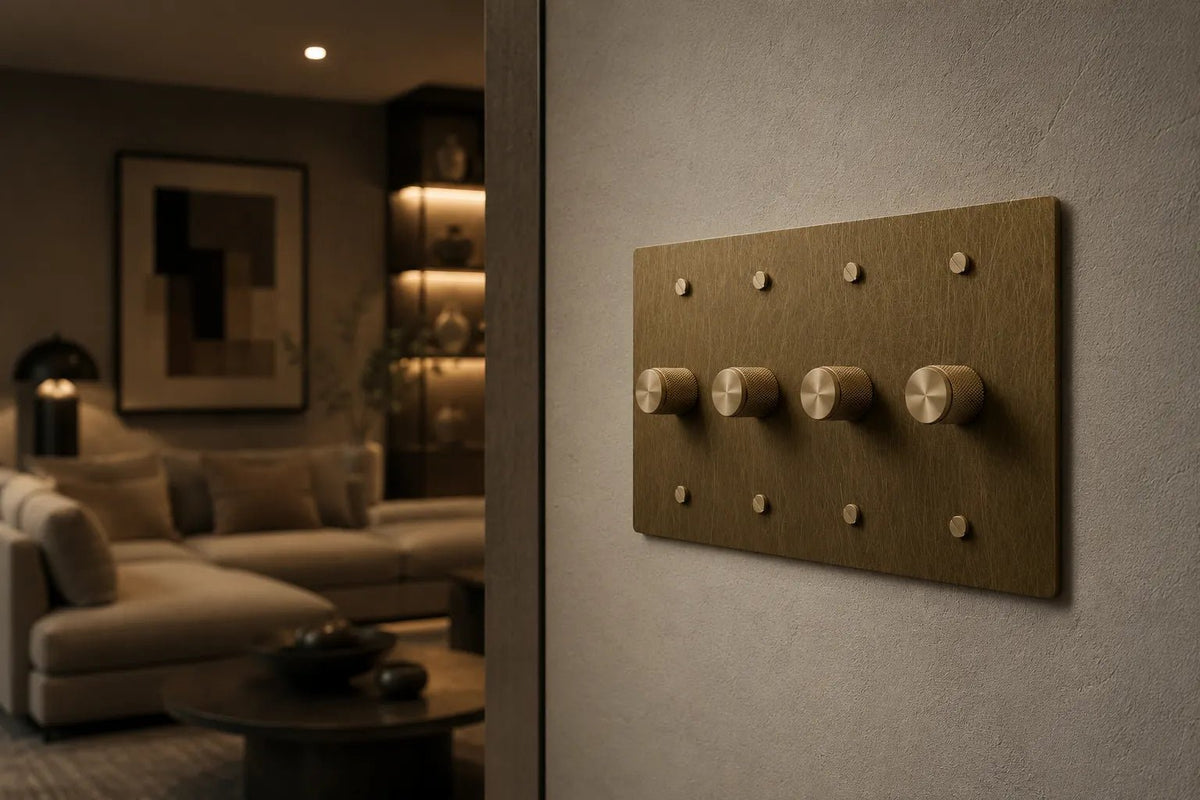 Luxury 4 gang brass dimmer switch panel with knurled rotary knobs installed in a modern designer interior, featuring warm ambient lighting, textured walls, and high-end contemporary home styling.