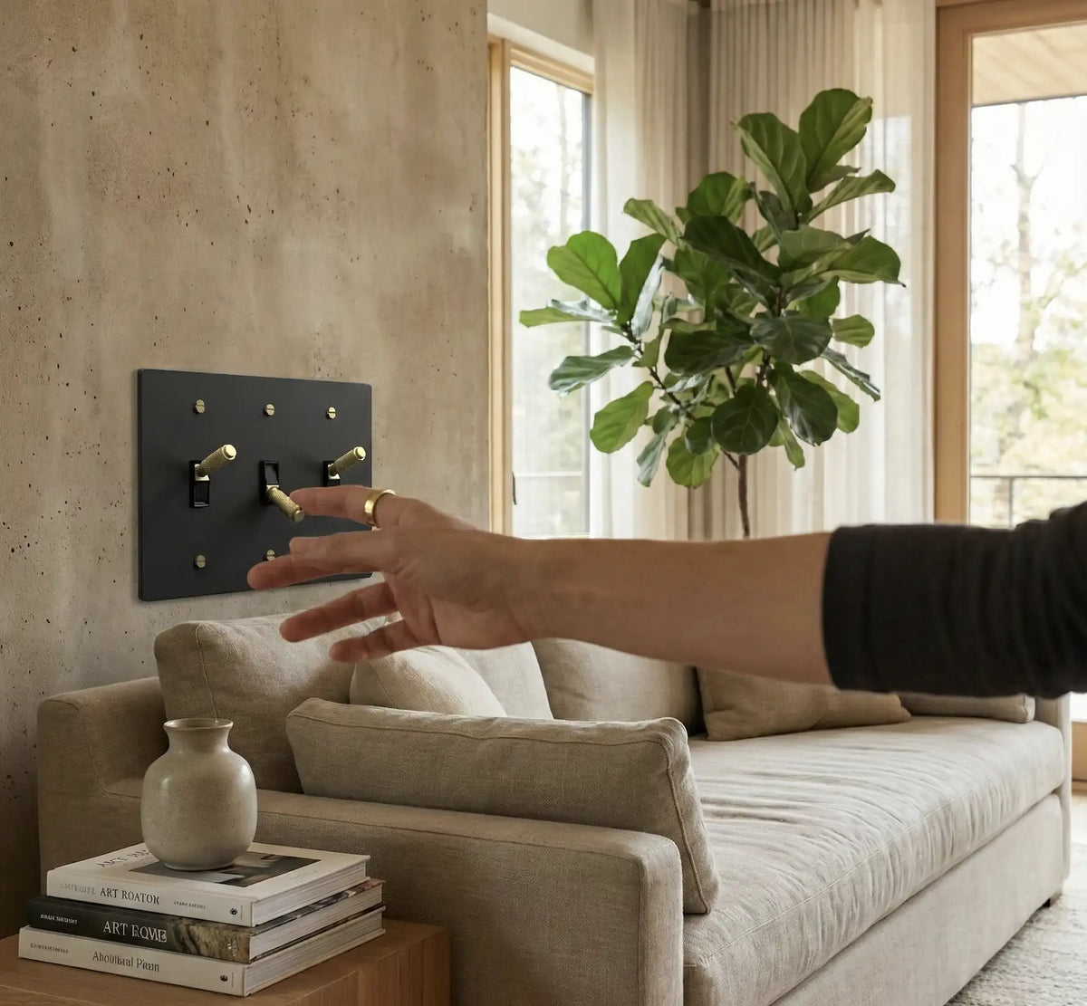 Black brass switch plate on a wall