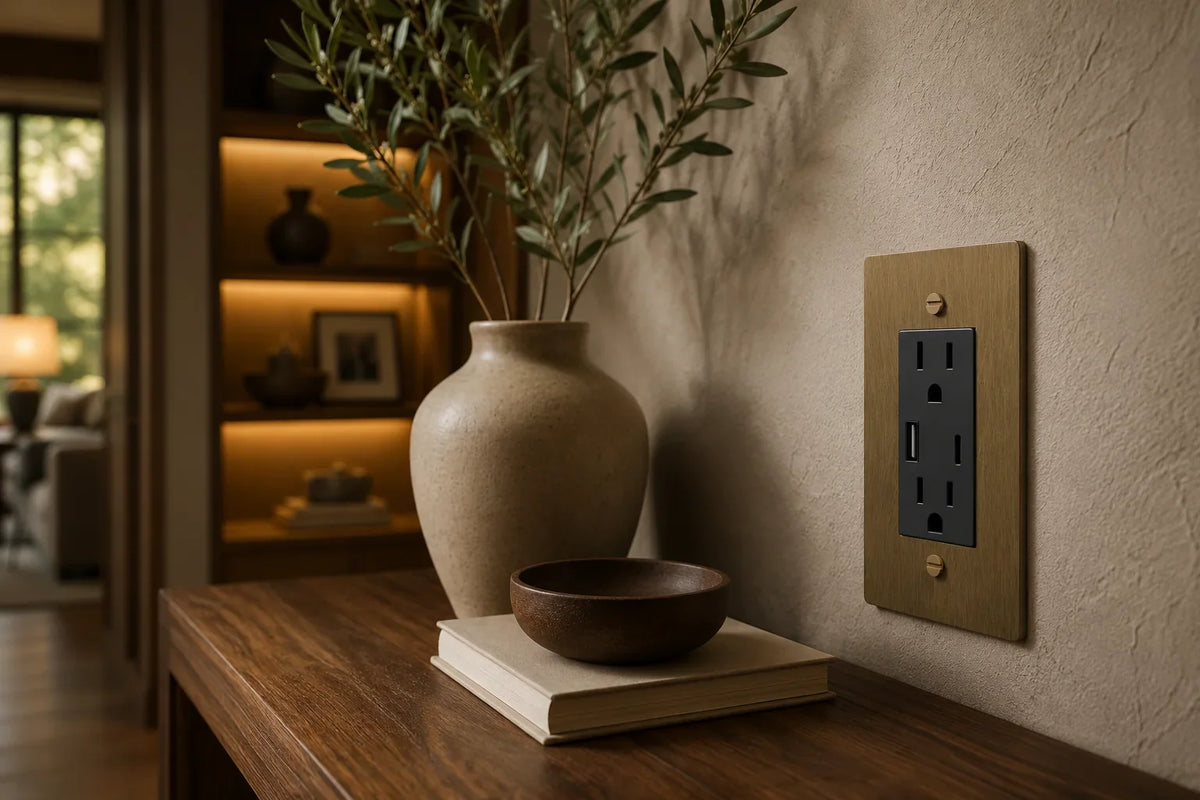 Aged brass electrical outlet on a wall