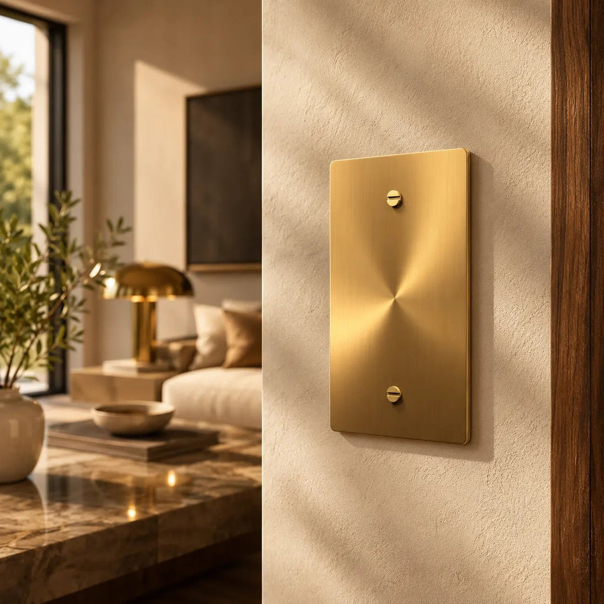 Luxury solid brass blank wall plate installed on a textured plaster wall in a modern interior with warm natural lighting. Premium decorative brass wall plate for electrical outlet or switch cover in a high-end contemporary home