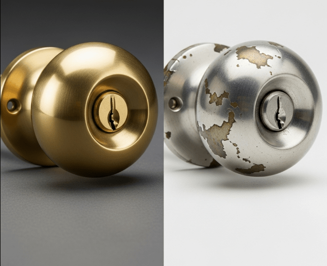 Side-by-side comparison of solid brass and plated brass door knobs showing the difference in durability and finish quality