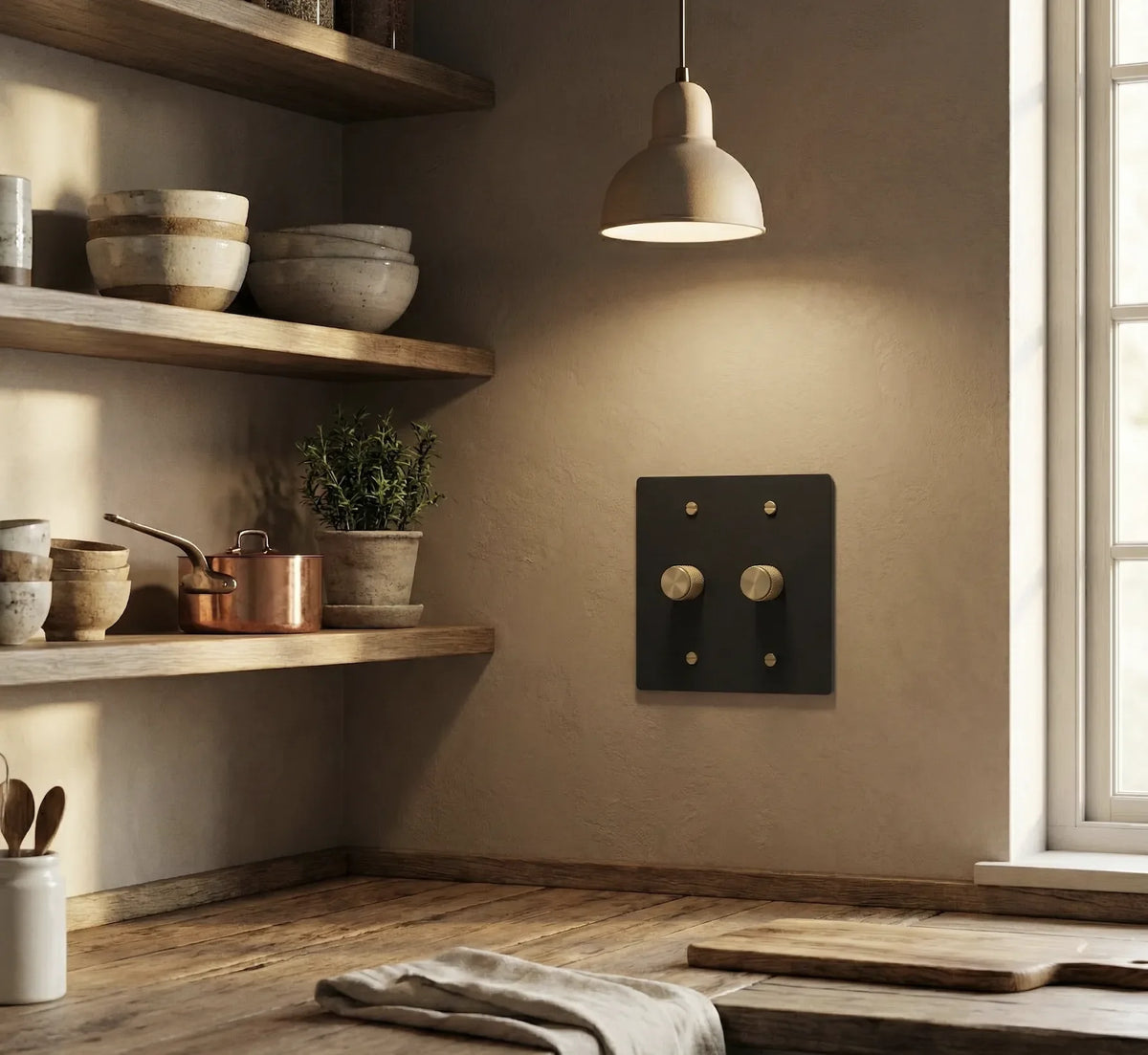 Plateprestige brass 2 gang dimmer switch installed on the kitchen wall