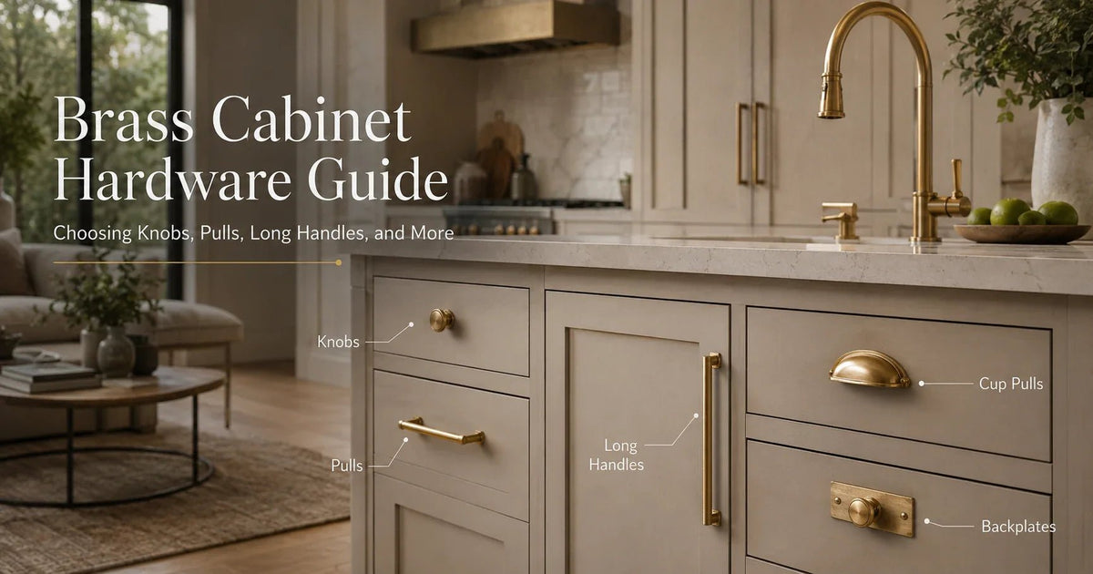 Modern luxury kitchen interior featuring solid brass cabinet hardware, including knobs, pulls, long handles, cup pulls, and decorative backplates installed on light cabinetry with warm ambient lighting.