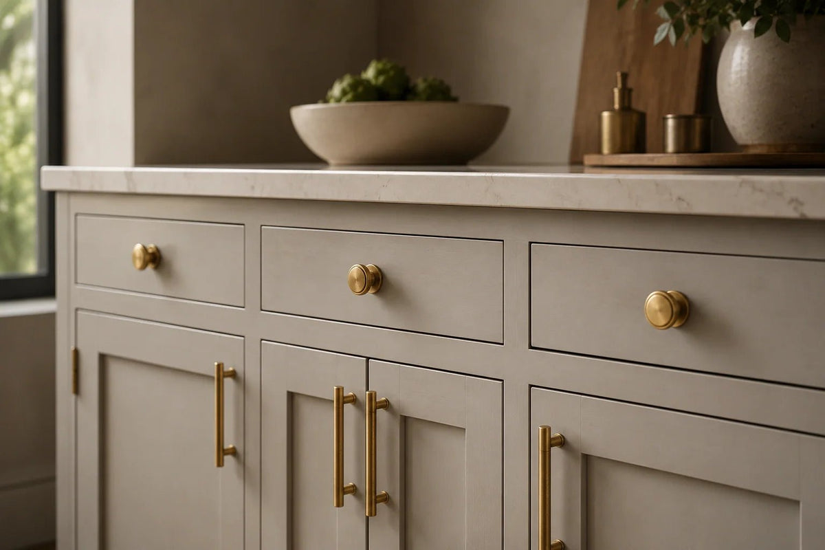 Close-up of unlacquered brass cabinet hardware on light shaker cabinets, featuring round knobs and long handles with a natural living finish, styled in a warm modern kitchen with marble countertops and soft ambient lighting.