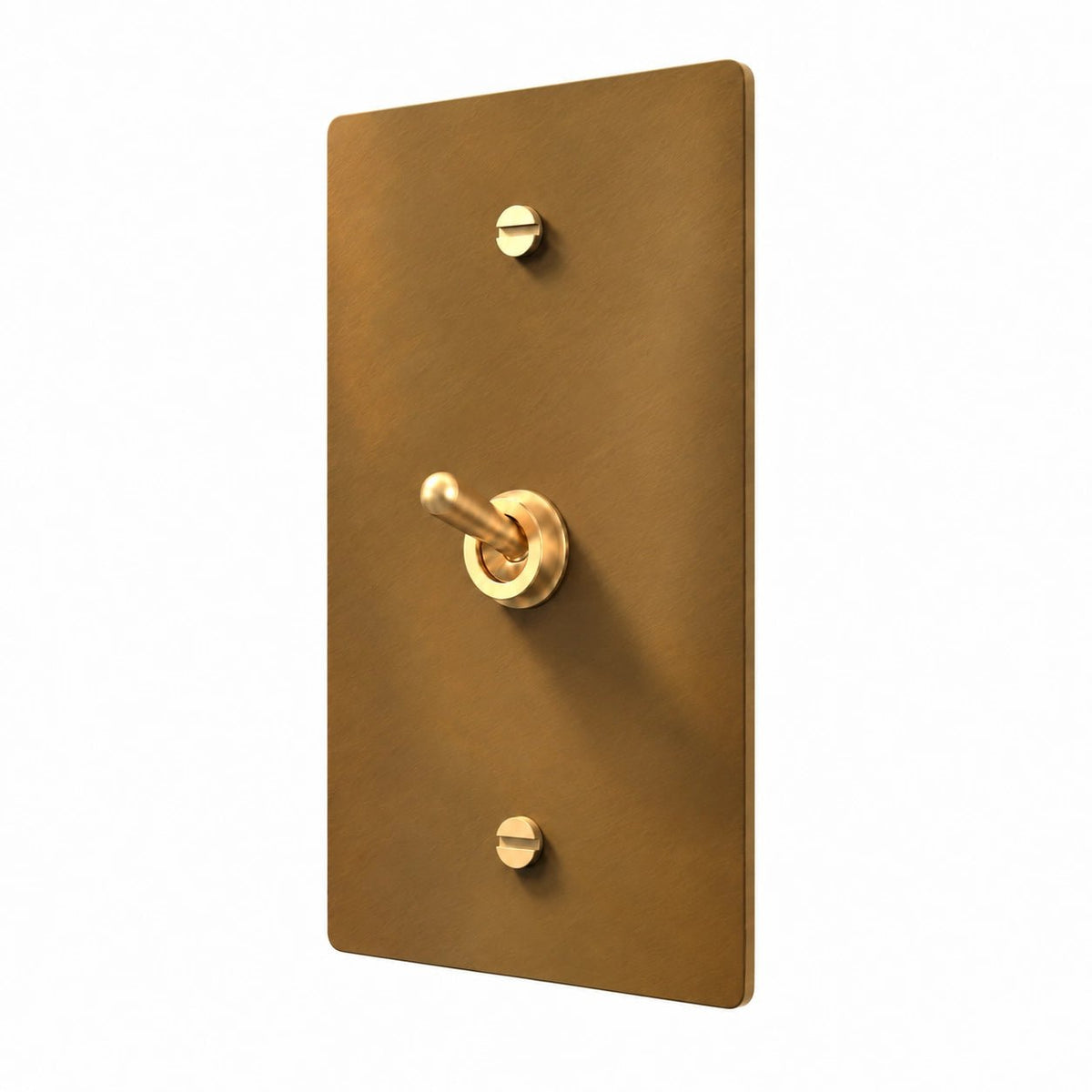A modern single-toggle switch plate in unlacquered aged brushed brass with a polished lever handle, shown on a solid white background.