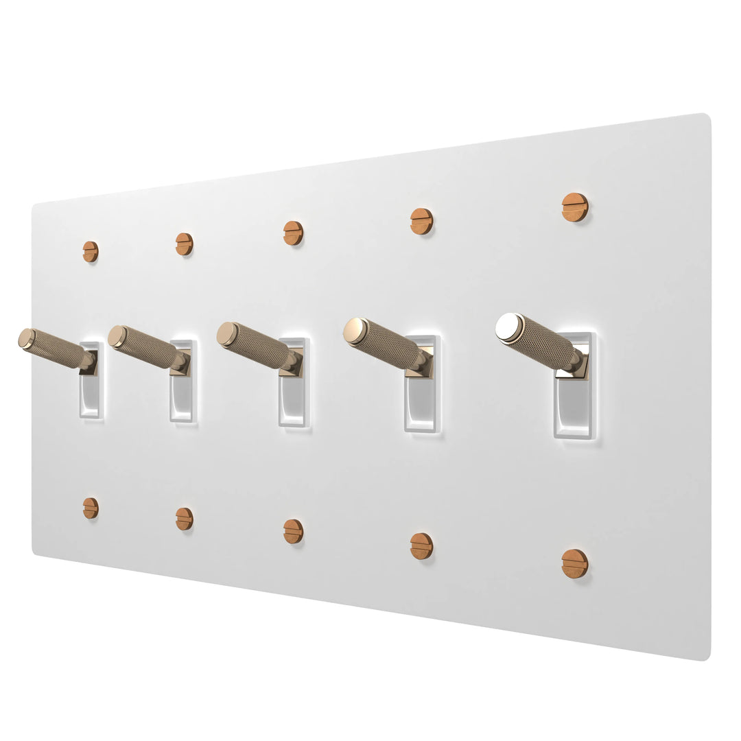 5 gang brass toggle light switch with white plate