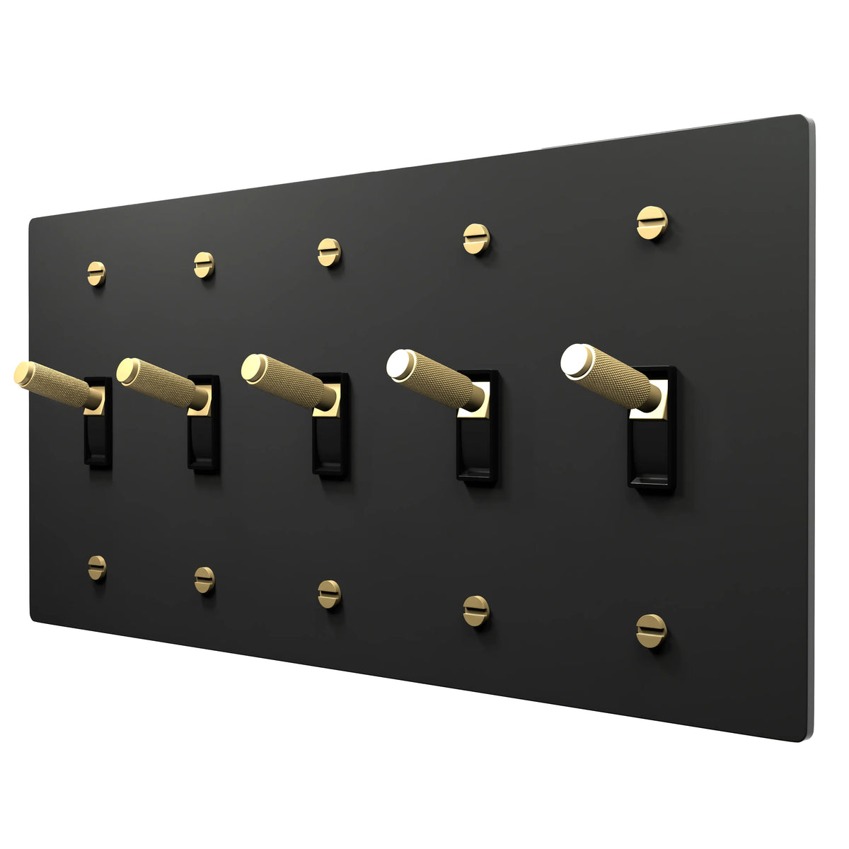 5 gang knurled toggle light switch with black wall plate