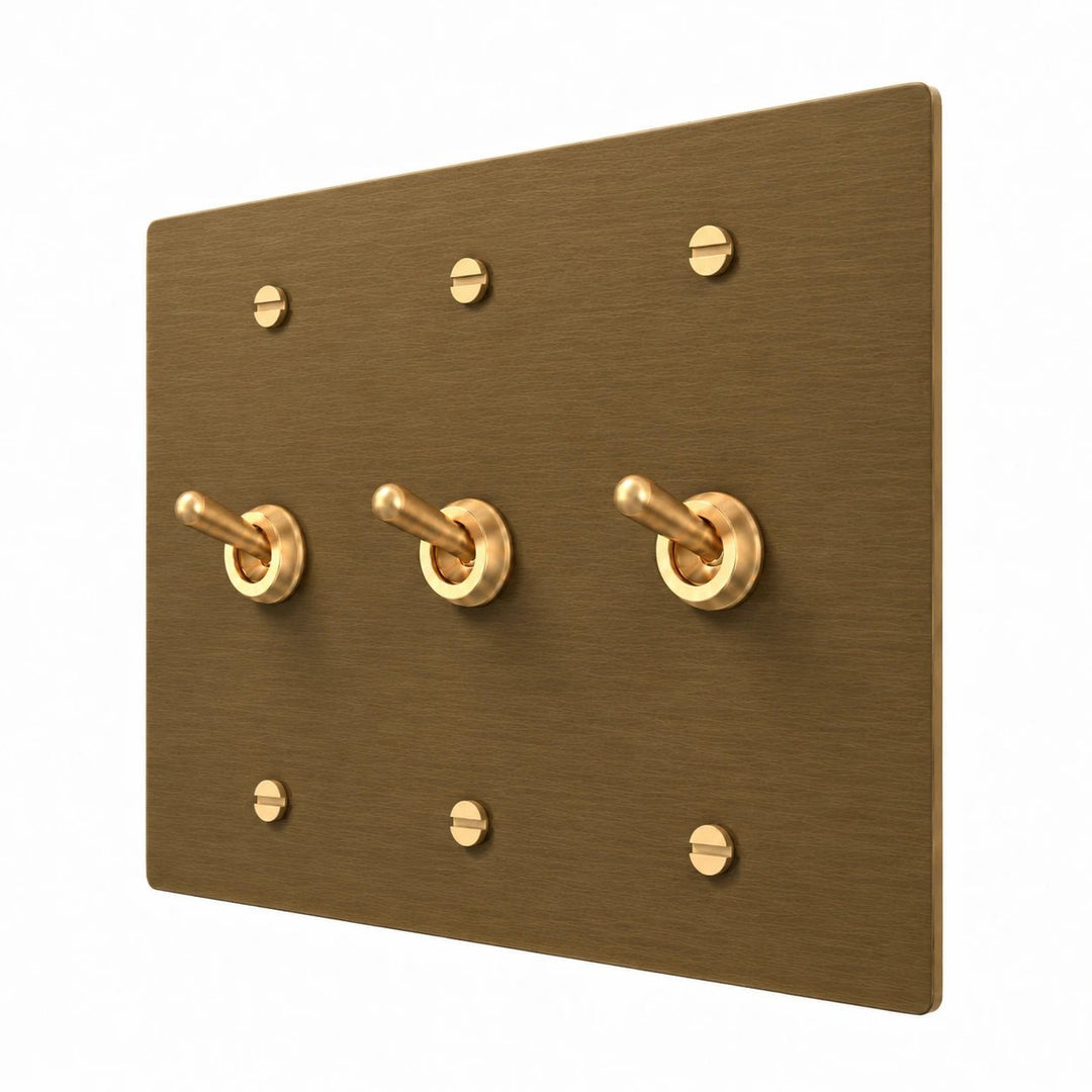 3 gang retro toggle switch with aged brass switch plate
