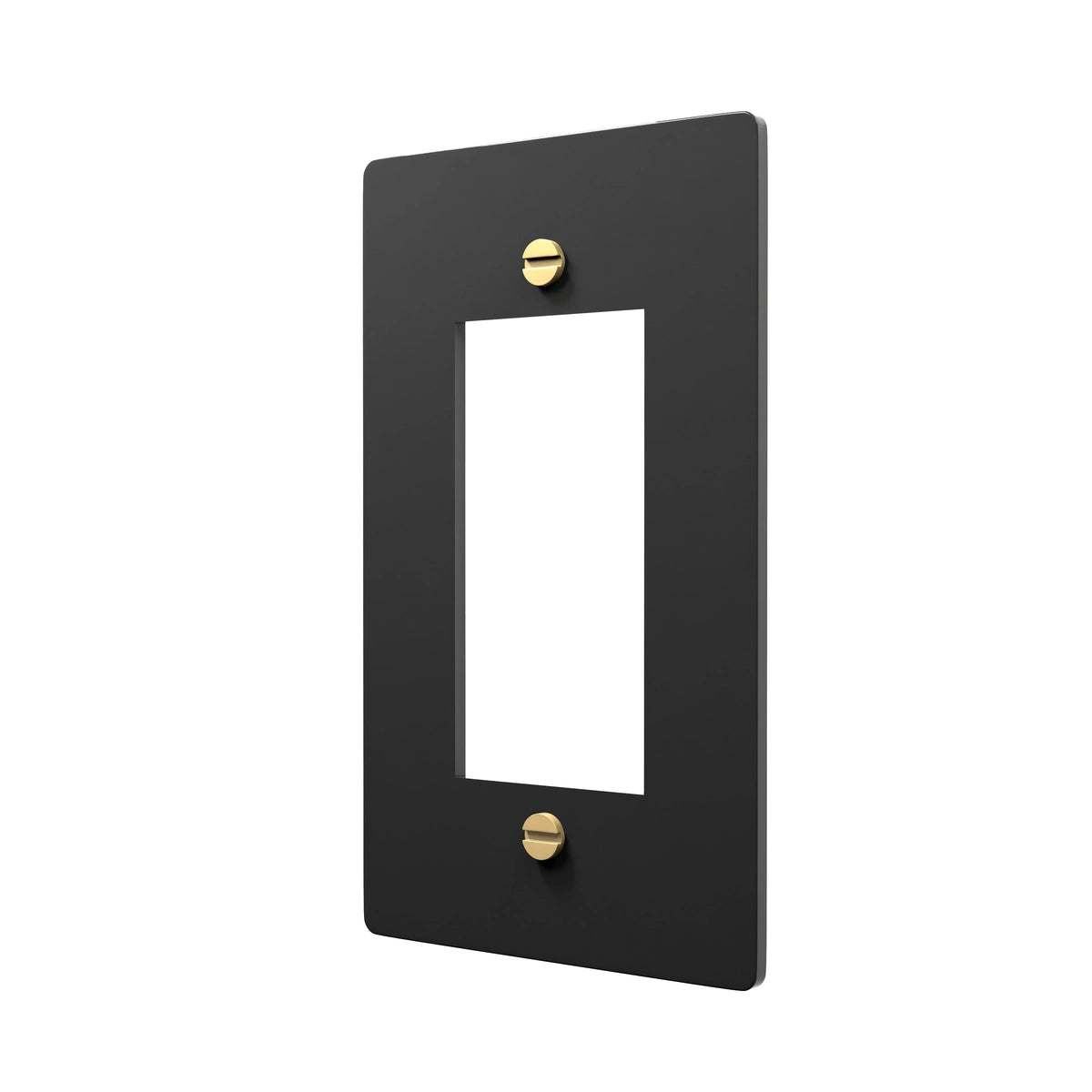 Black wall plate with gold screws on a white background