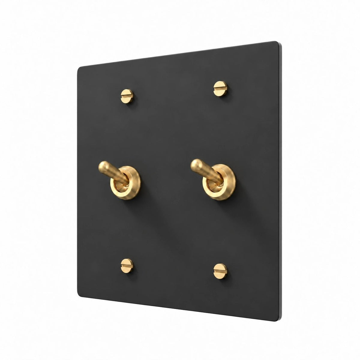 A modern black square wall plate with 2 brass toggle switches and matching brass screws, shown on a clean white background.
