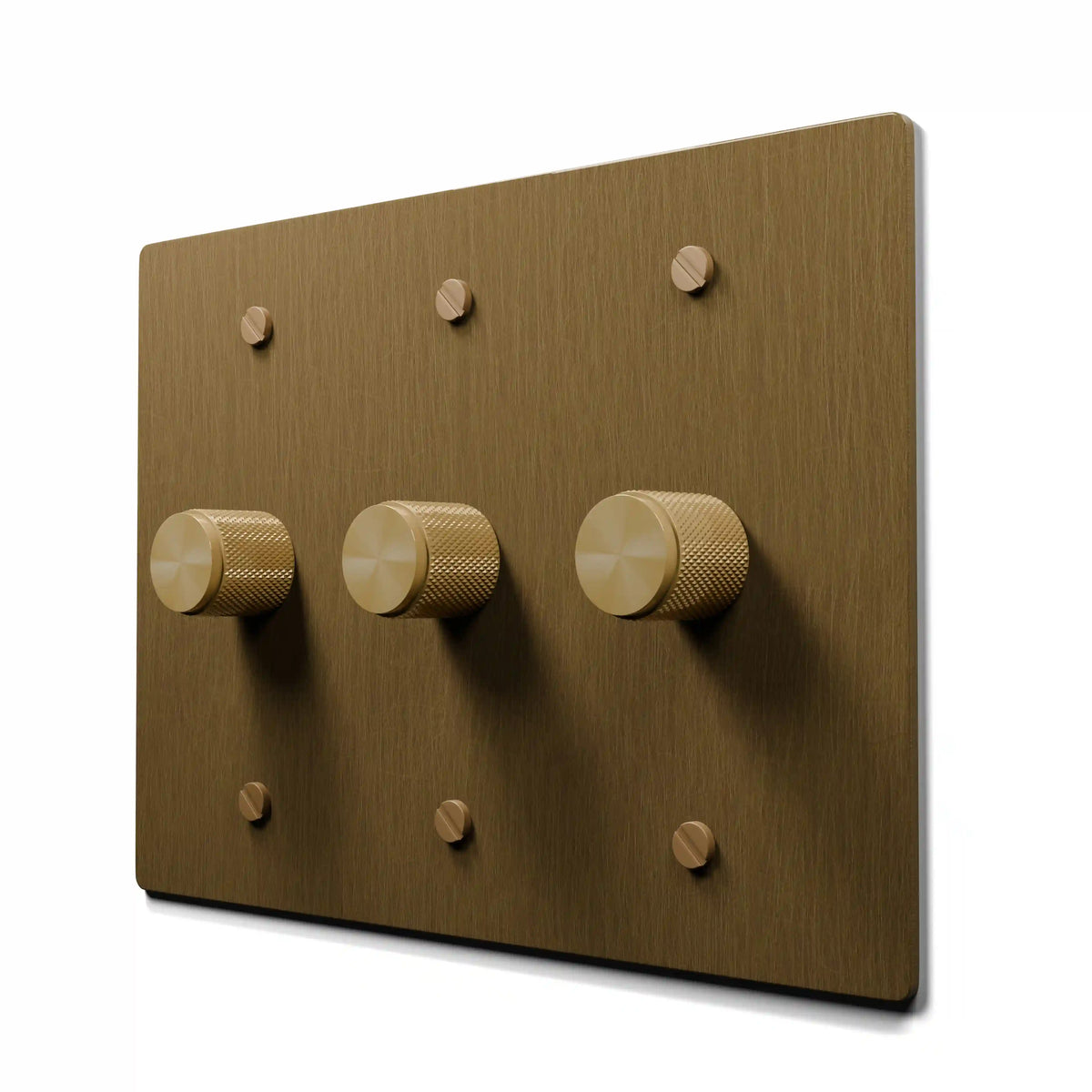 3 gang aged brass rotary dimmer - hand brushed panel