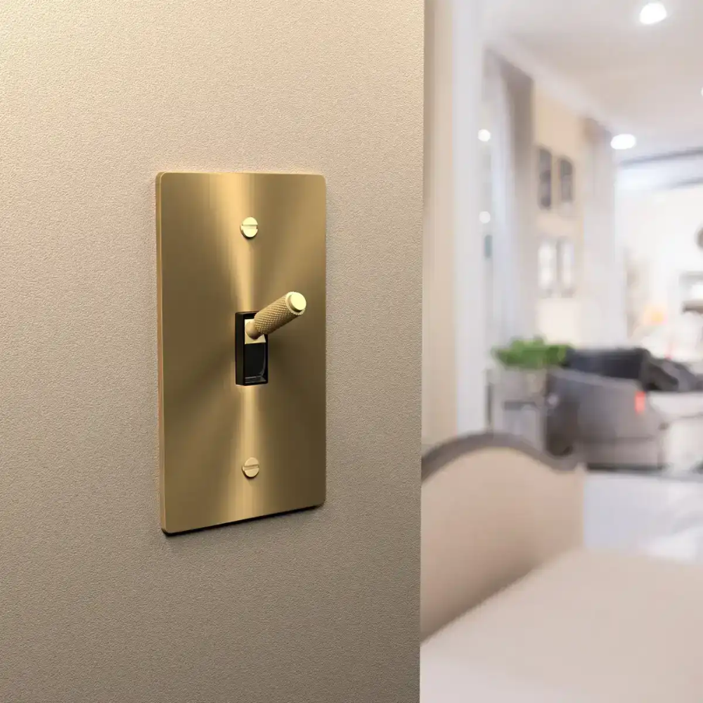 Solid brass toggle light switch with knurled knob mounted on a beige wall in a modern living room.