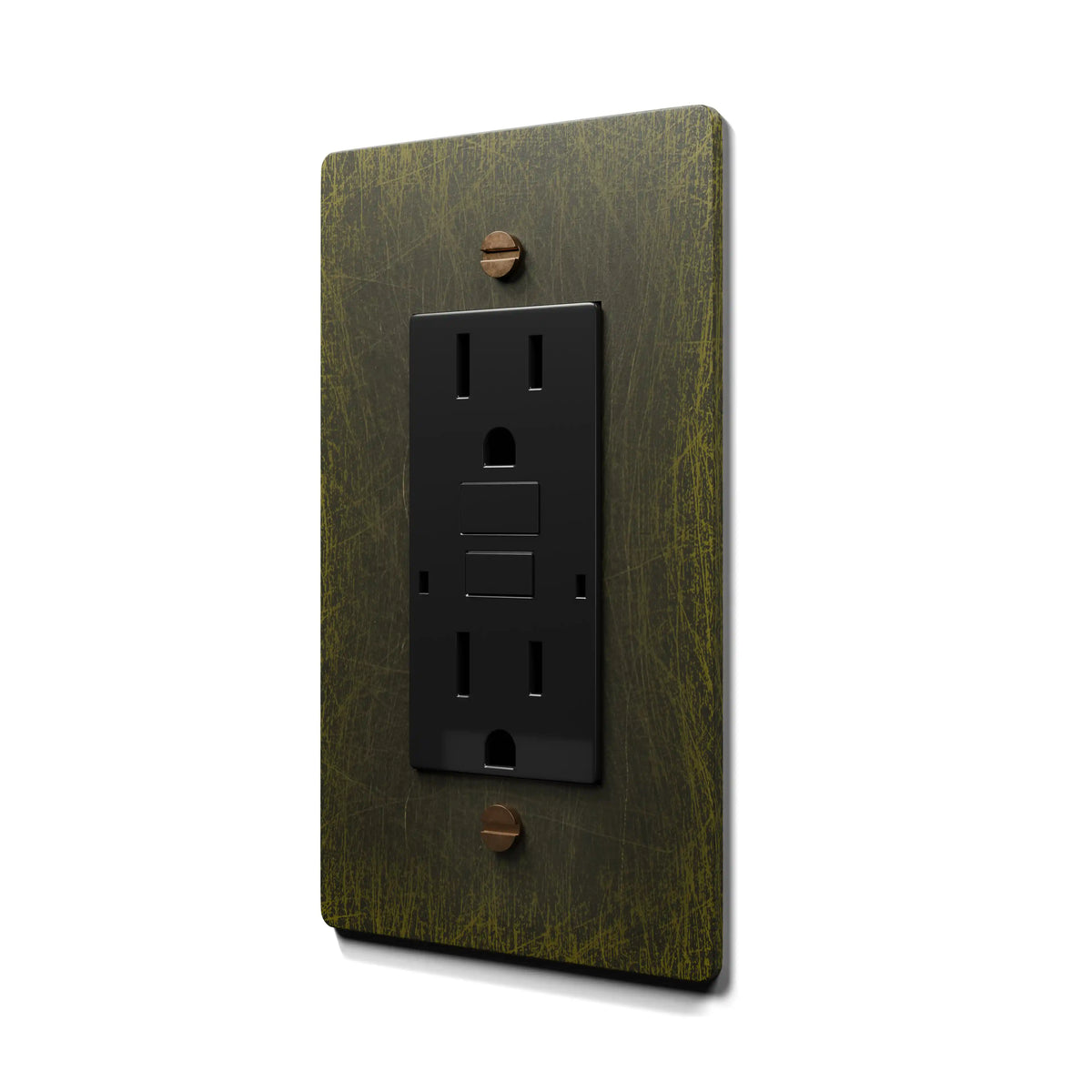 GFCI electrical outlet with antique brass plate