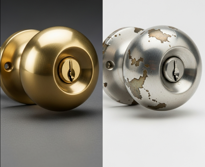 Solid brass ages. Plated hardware wears through.