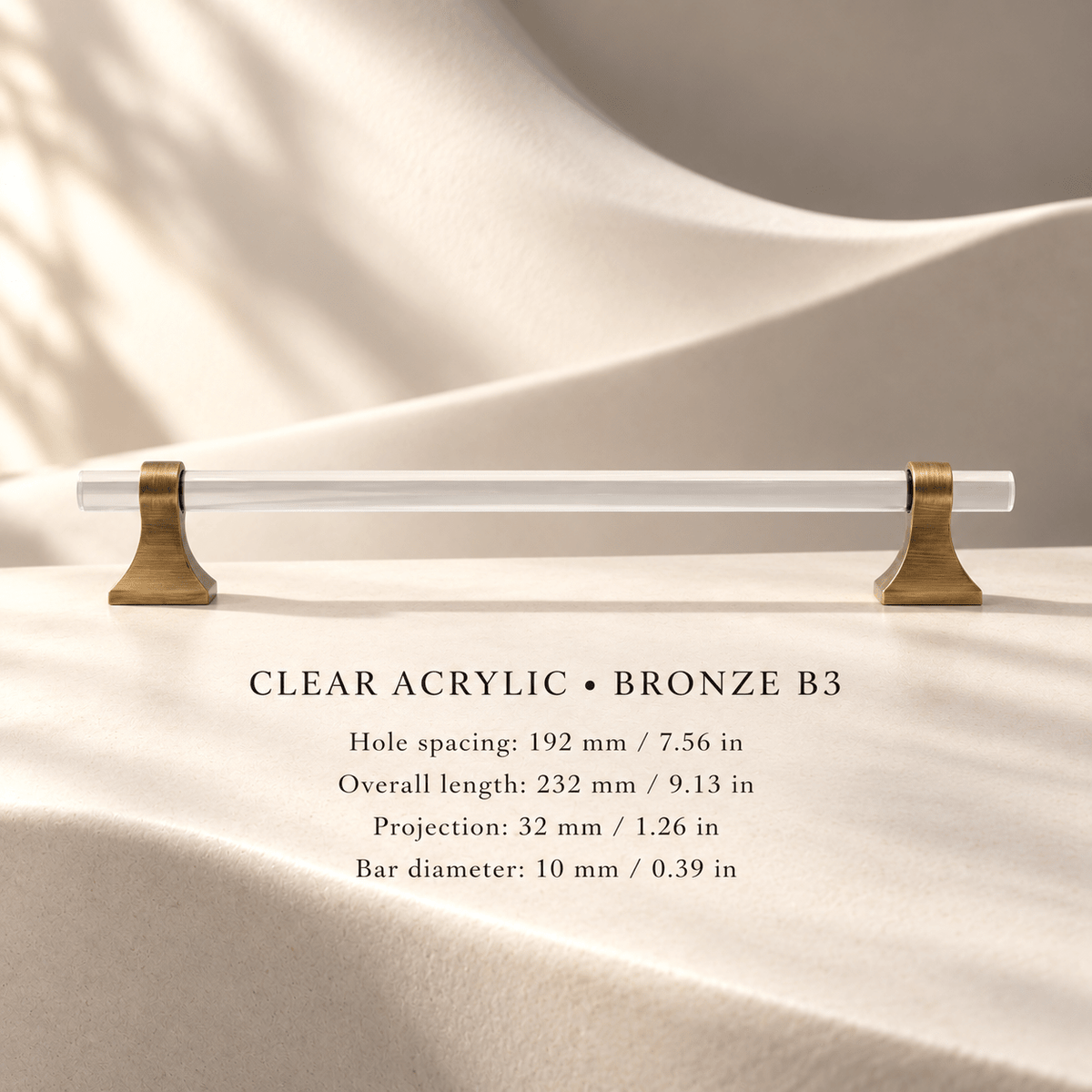 B3 clear acrylic and bronze 192 mm CTC pull — individual measurements in millimeters and inches