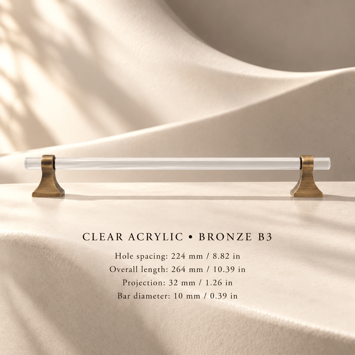 B3 clear acrylic and bronze 224 mm CTC pull — individual measurements in millimeters and inches