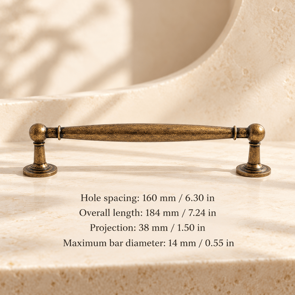 Antique bronze spindle cabinet hardware in ivory studio. Hole spacing: 160 mm / 6.30 in; Overall length: 184 mm / 7.24 in; Projection: 38 mm / 1.50 in; Maximum bar diameter: 14 mm / 0.55 in
