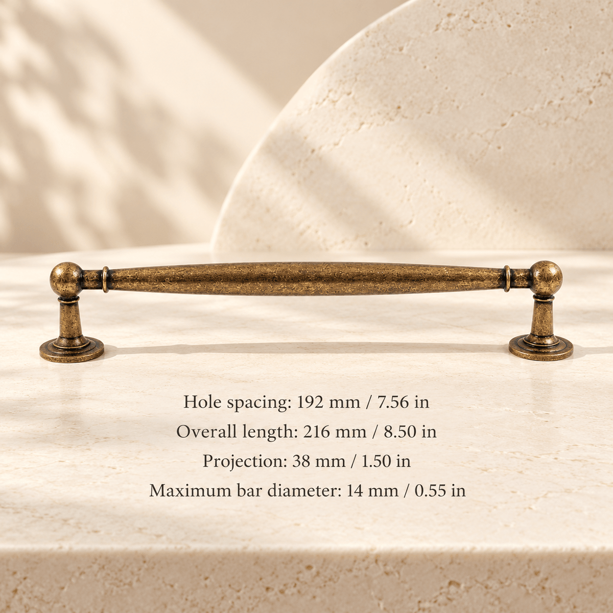 Antique bronze spindle cabinet hardware in ivory studio. Hole spacing: 192 mm / 7.56 in; Overall length: 216 mm / 8.50 in; Projection: 38 mm / 1.50 in; Maximum bar diameter: 14 mm / 0.55 in