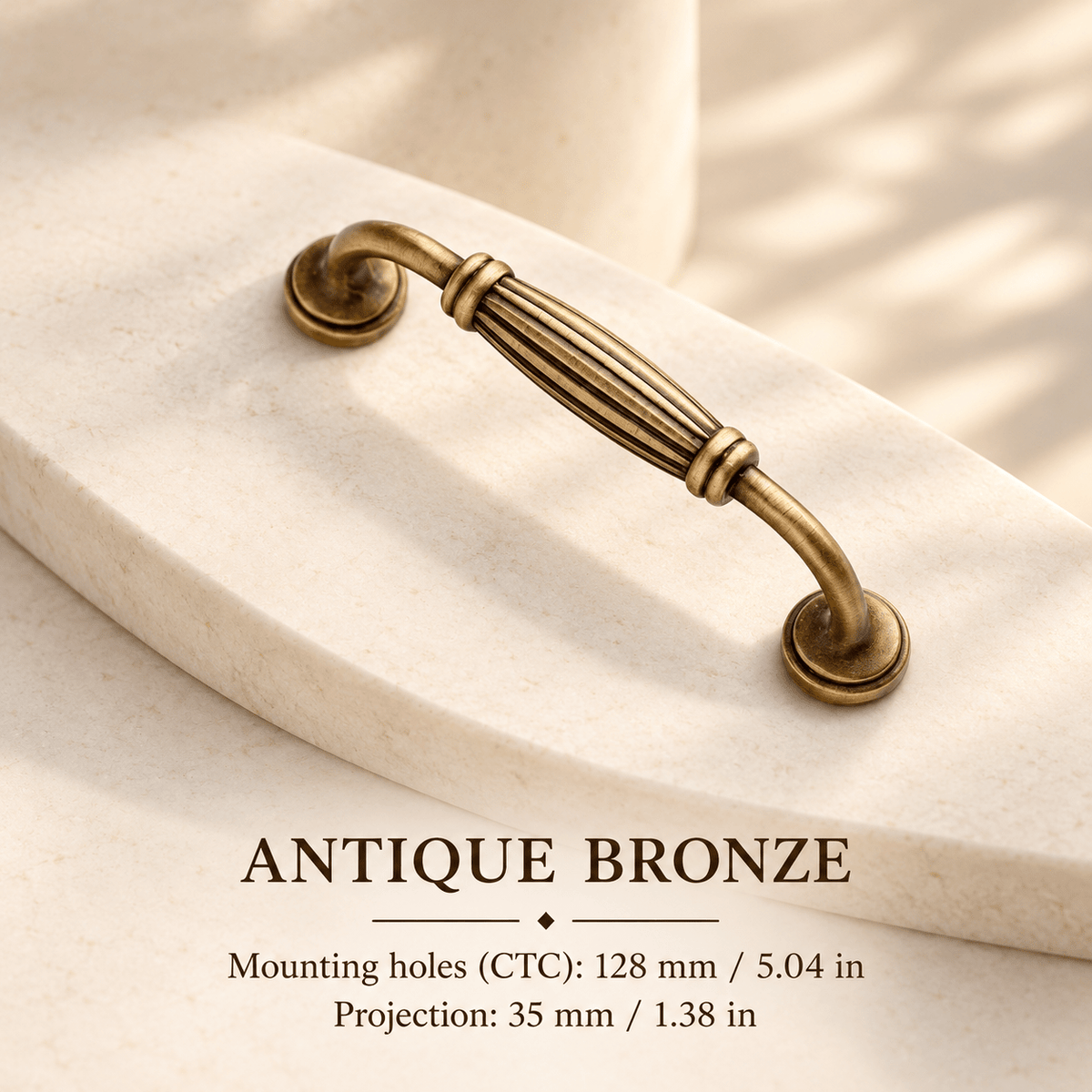 Antique bronze fluted cabinet pull — Mounting holes (CTC): 128 mm / 5.04 in; Projection: 35 mm / 1.38 in — ivory stone studio