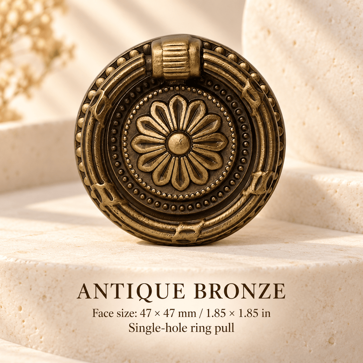 Antique bronze floral ring pull — Face size: 47 × 47 mm / 1.85 × 1.85 in; Single-hole ring pull — ivory stone studio