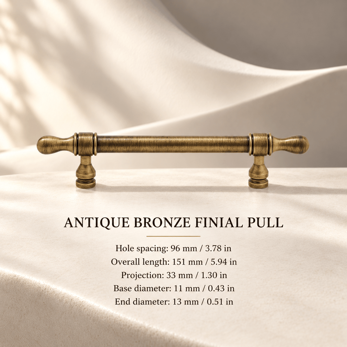 Antique bronze finial cabinet pull, 96 mm CTC — individual measurements in millimeters and inches