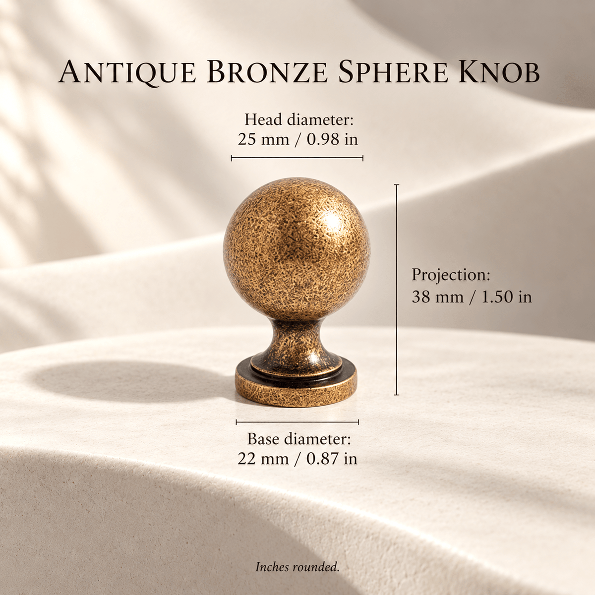 Antique bronze sphere knob on ivory stone; head diameter 25 mm / 0.98 in, projection 38 mm / 1.50 in, base diameter 22 mm / 0.87 in
