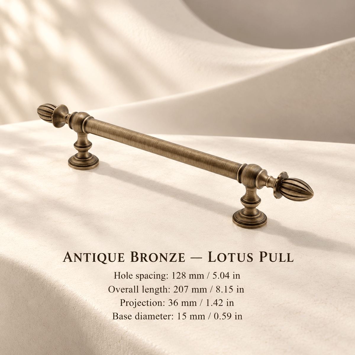 Antique bronze lotus-finial cabinet pull in ivory studio. Hole spacing: 128 mm / 5.04 in; Overall length: 207 mm / 8.15 in; Projection: 36 mm / 1.42 in; Base diameter: 15 mm / 0.59 in.