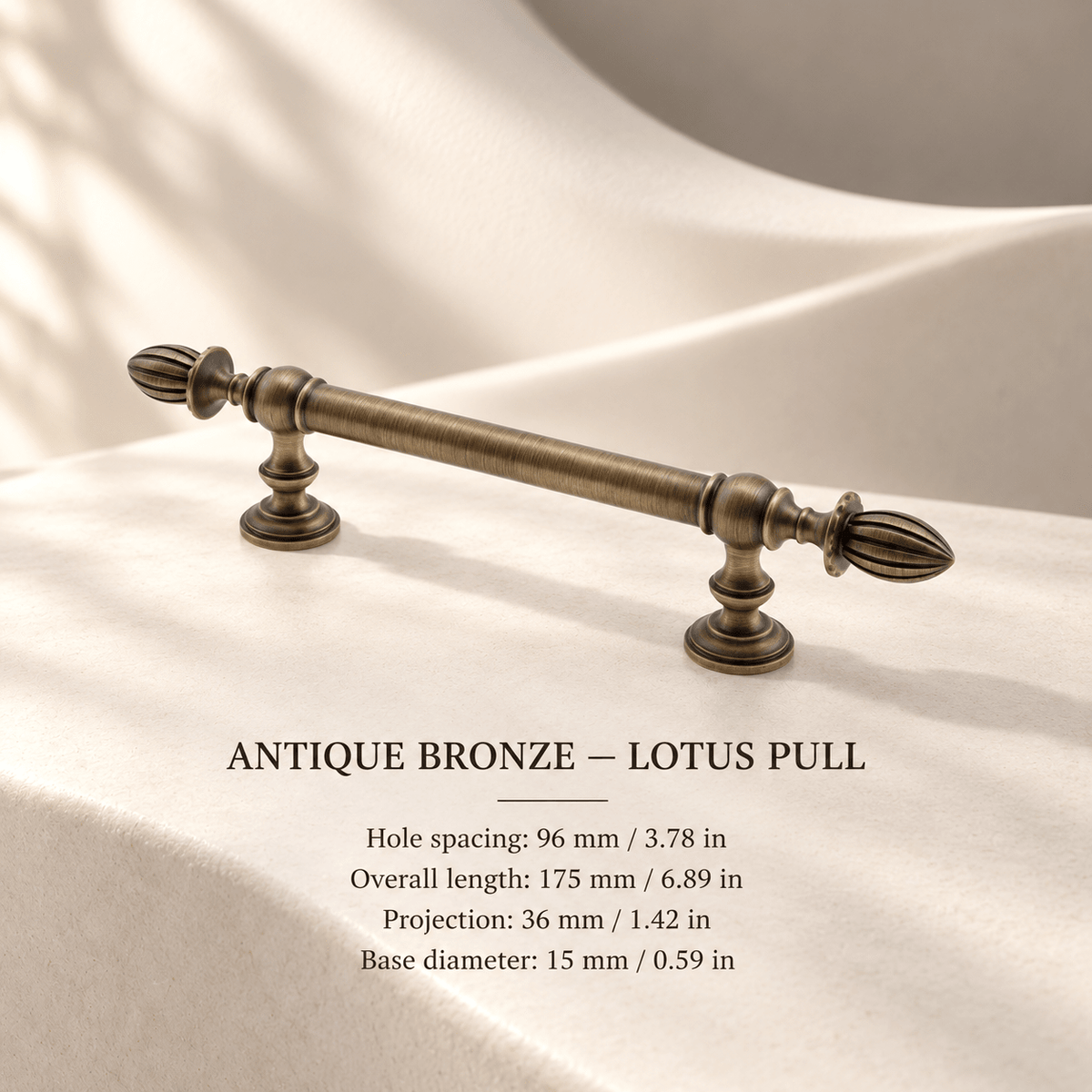 Antique bronze lotus-finial cabinet pull in ivory studio. Hole spacing: 96 mm / 3.78 in; Overall length: 175 mm / 6.89 in; Projection: 36 mm / 1.42 in; Base diameter: 15 mm / 0.59 in.