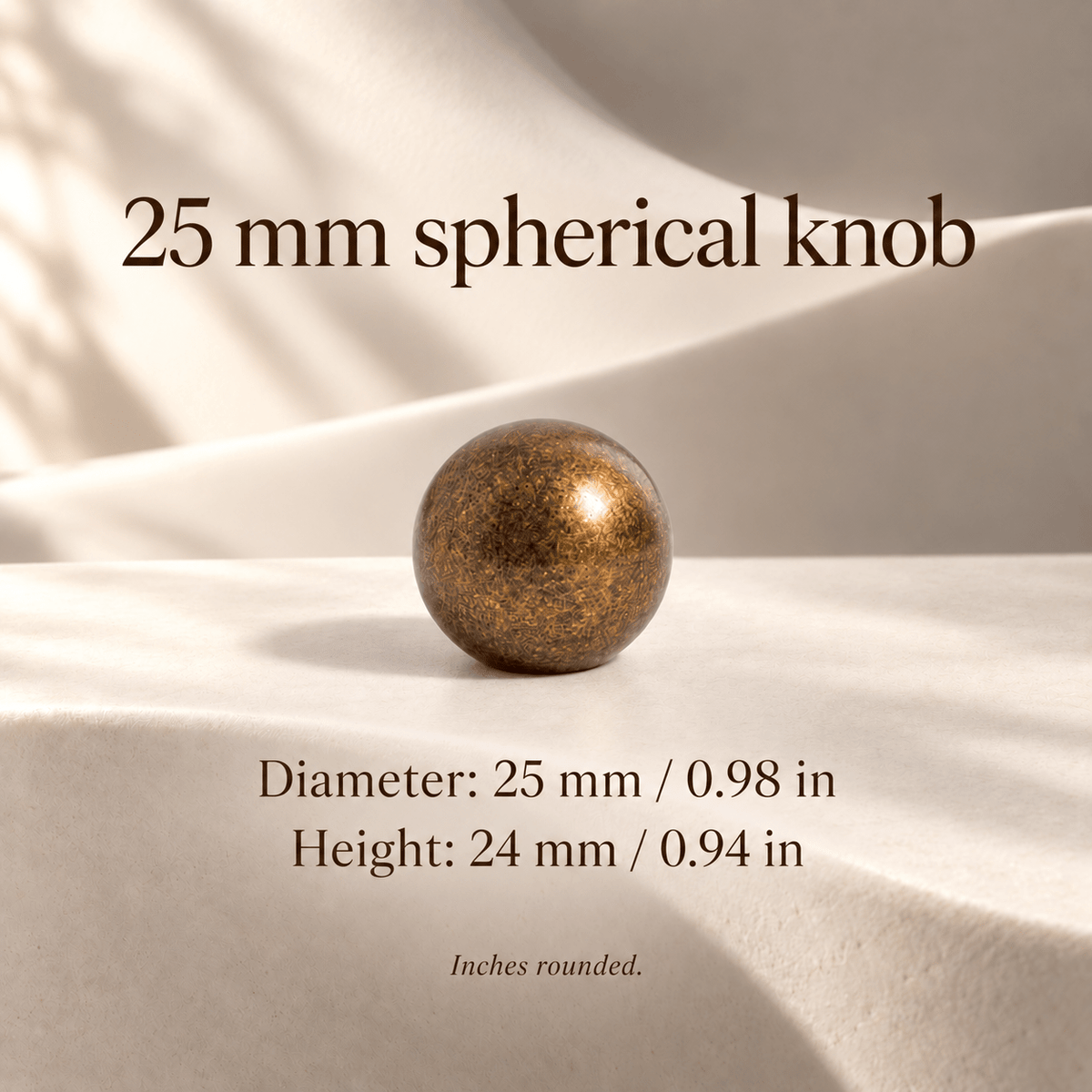 Antique brass finish spherical cabinet knob — 25 mm diameter, 24 mm height, with inch conversions