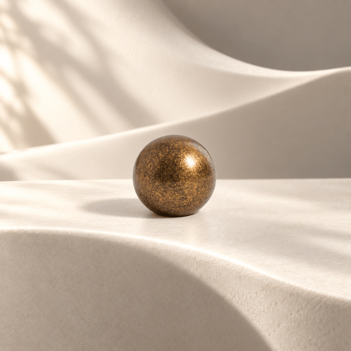 Antique brass finish spherical cabinet knob on warm ivory stone