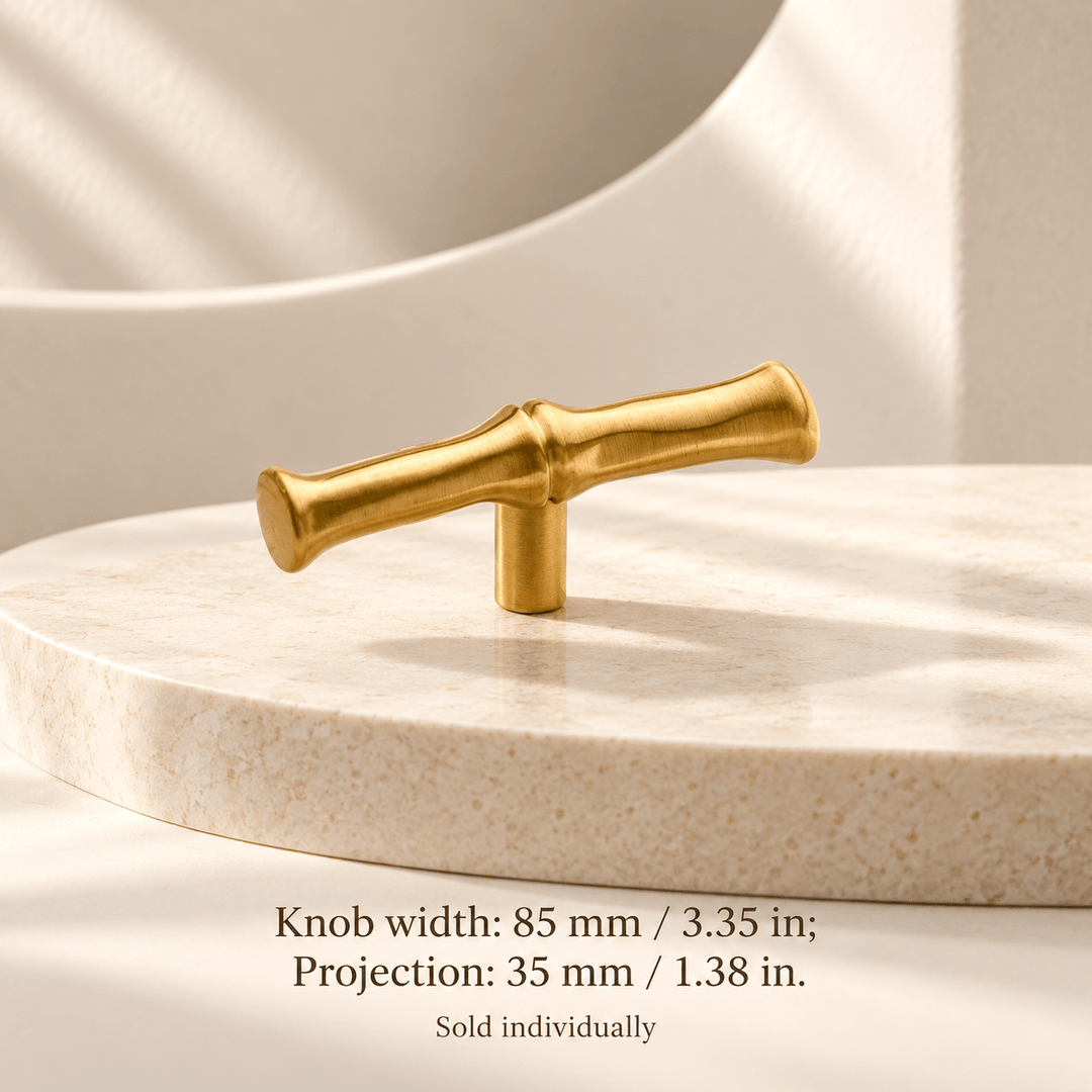Bamboo-style gold cabinet T-knob — Knob width: 85 mm / 3.35 in; Projection: 35 mm / 1.38 in — ivory studio
