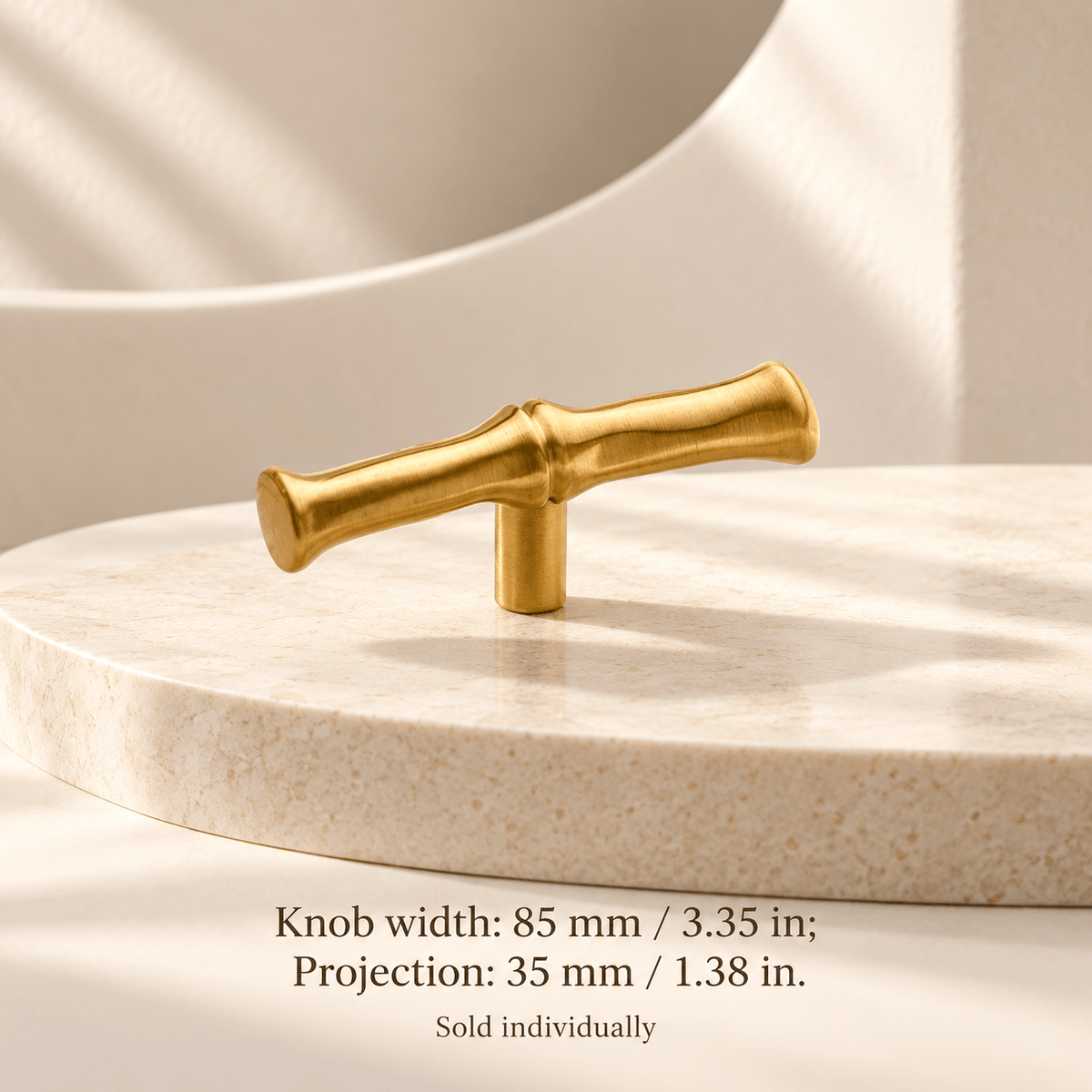 Bamboo-style gold cabinet T-knob — Knob width: 85 mm / 3.35 in; Projection: 35 mm / 1.38 in — ivory studio