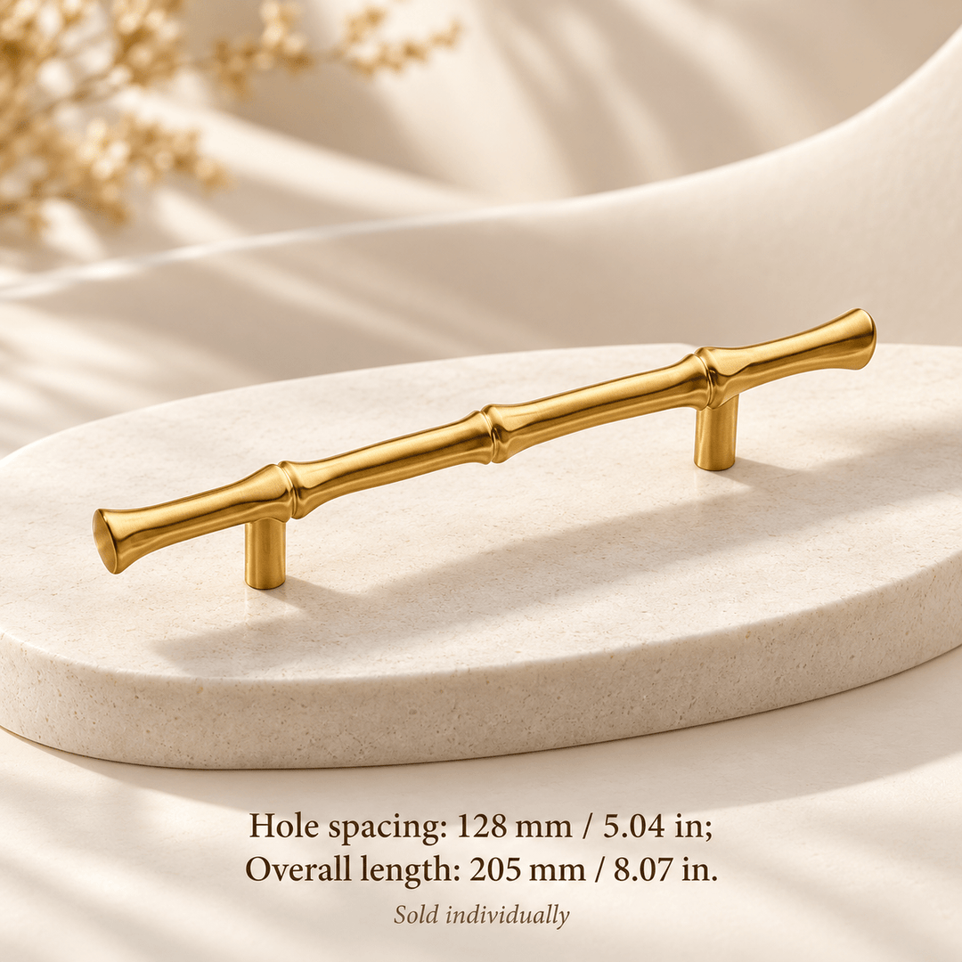 Bamboo-style gold cabinet pull — Hole spacing: 128 mm / 5.04 in; Overall length: 205 mm / 8.07 in — ivory studio