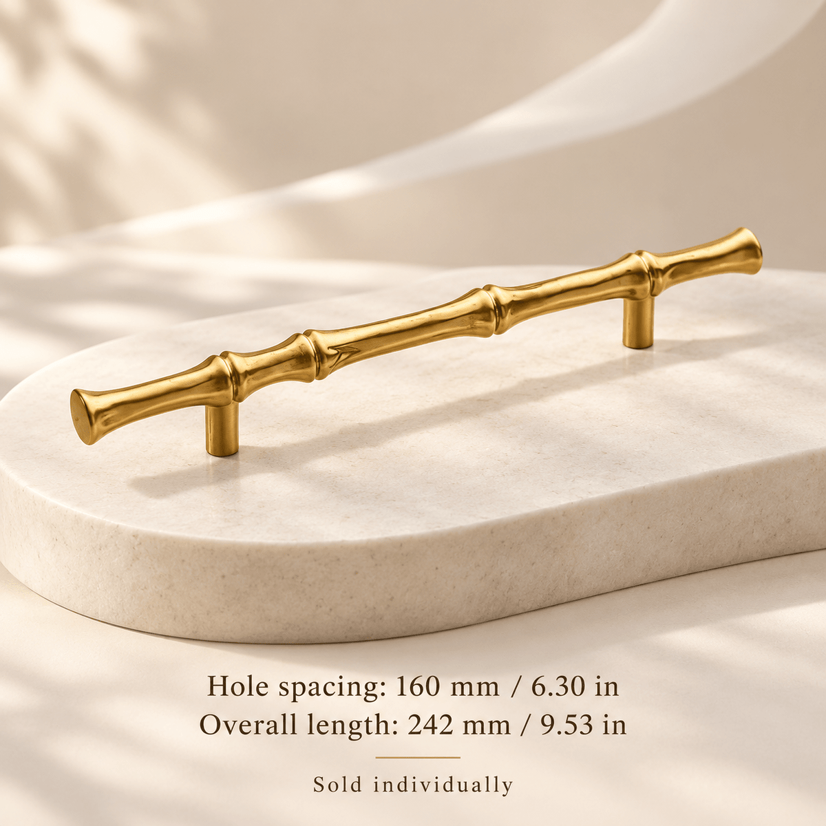 Bamboo-style gold cabinet pull — Hole spacing: 160 mm / 6.30 in; Overall length: 242 mm / 9.53 in — ivory studio