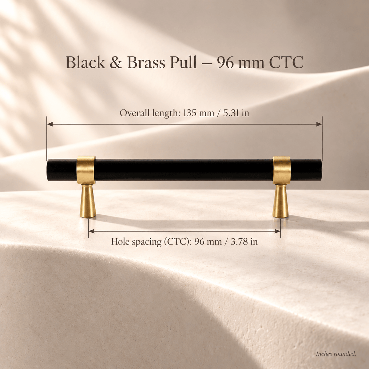 Black and brass T-bar cabinet pull, 96 mm hole spacing, individual overall and mounting dimensions in mm and inches