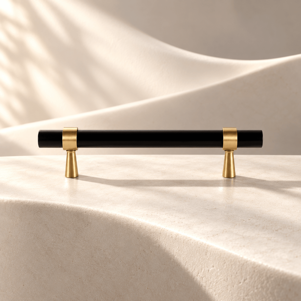 Black and brass T-bar cabinet pull, 96 mm hole spacing, ivory stone studio