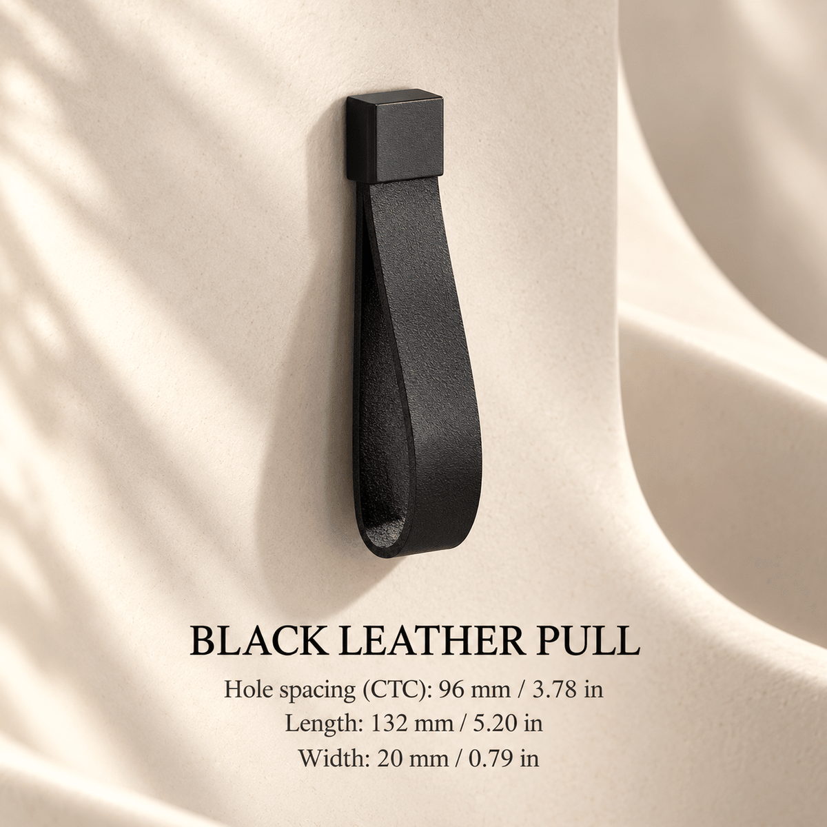 Black leather 96 mm CTC pull — individual millimeter and inch dimensions