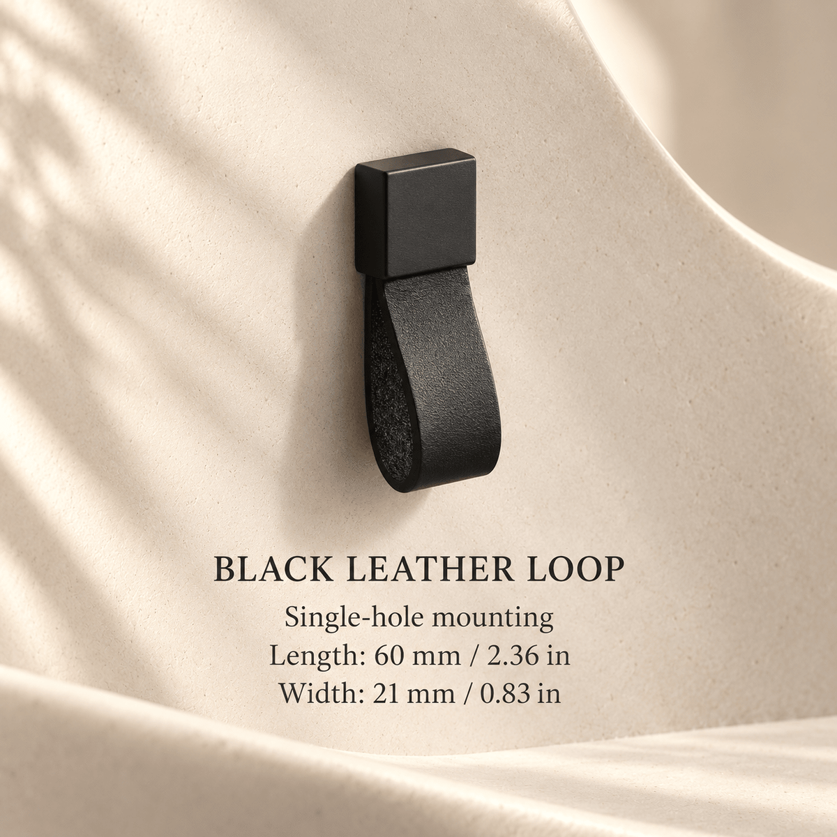 Black leather single-hole loop knob — individual millimeter and inch dimensions