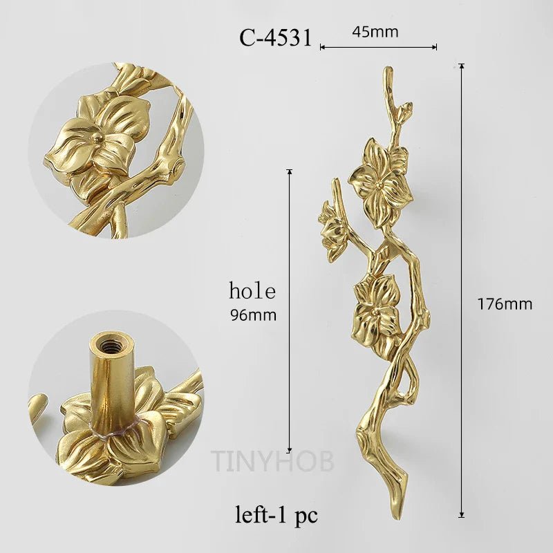 Gold Brass Pull - Floral Cabinet Knob Design