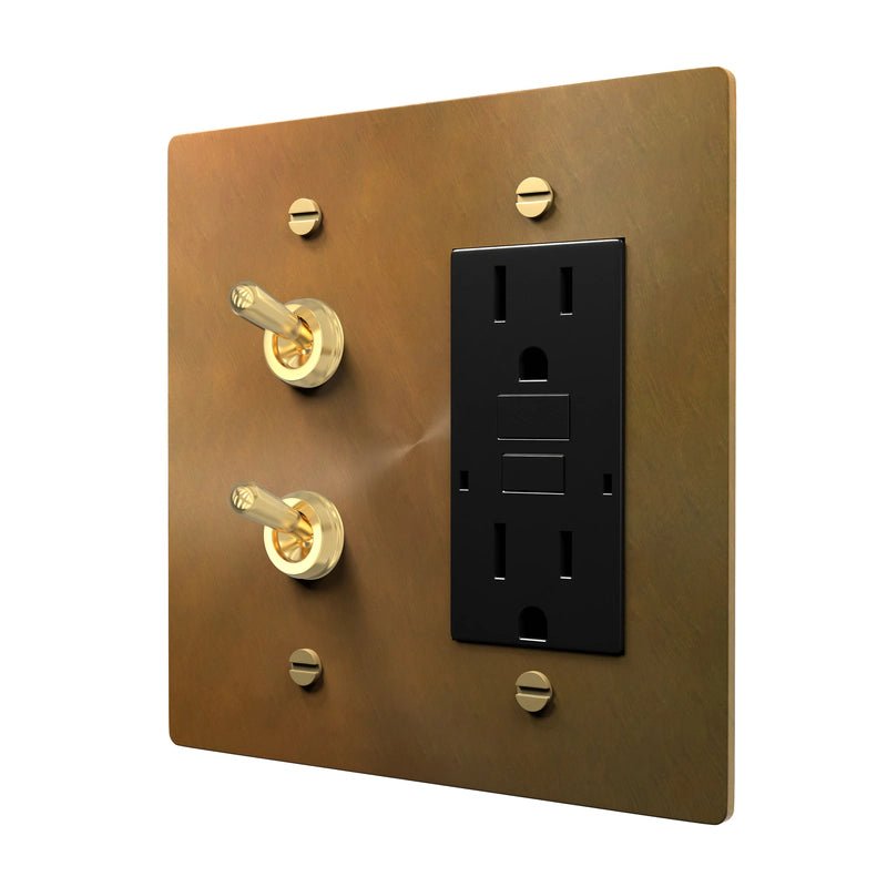 Double Switch Plate - Brass Retro Toggle & Outlet