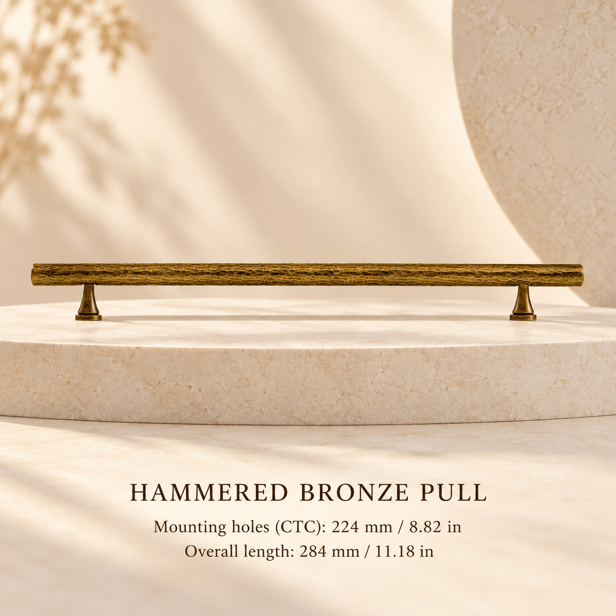 Hammered bronze brass pull — 224 mm / 8.82 in CTC, 284 mm / 11.18 in overall — ivory stone studio