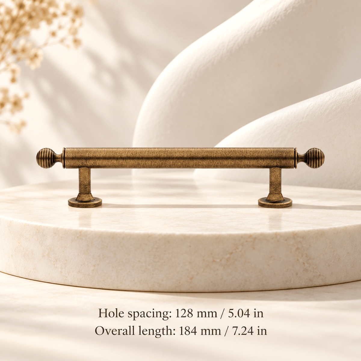 Vintage bronze cabinet hardware — 128 mm / 5.04 in CTC; Hole spacing: 128 mm / 5.04 in; Overall length: 184 mm / 7.24 in — ivory stone studio