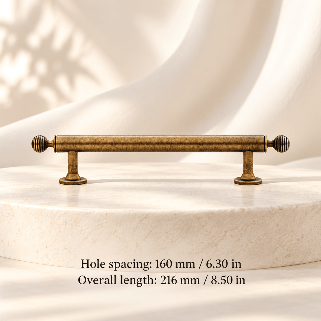Vintage bronze cabinet hardware — 160 mm / 6.30 in CTC; Hole spacing: 160 mm / 6.30 in; Overall length: 216 mm / 8.50 in — ivory stone studio