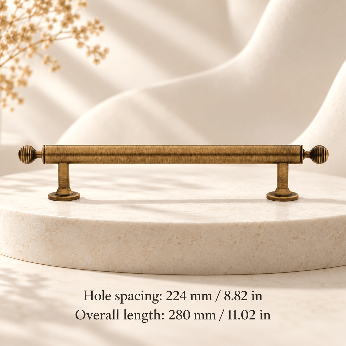 Vintage bronze cabinet hardware — 224 mm / 8.82 in CTC; Hole spacing: 224 mm / 8.82 in; Overall length: 280 mm / 11.02 in — ivory stone studio