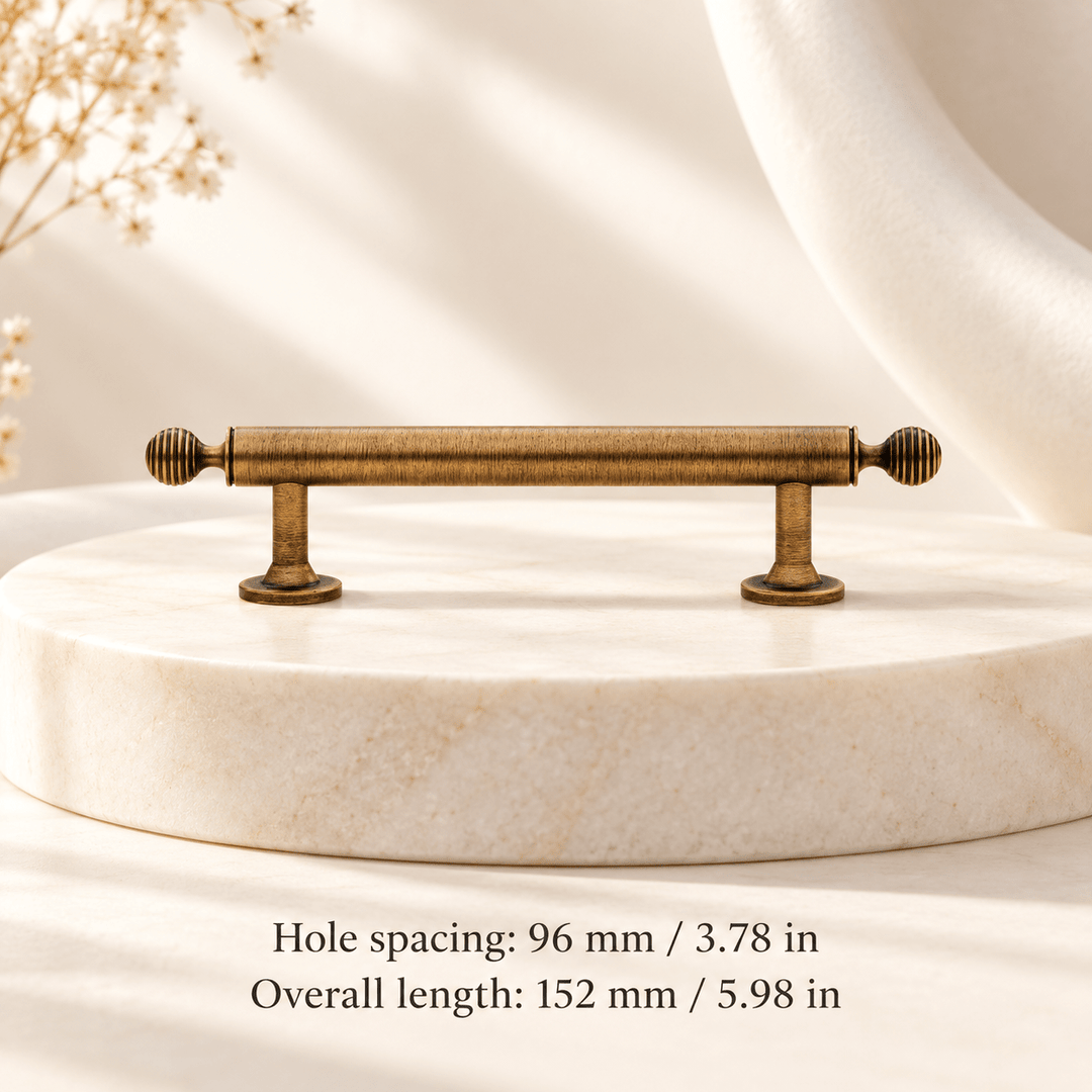 Vintage bronze cabinet hardware — 96 mm / 3.78 in CTC; Hole spacing: 96 mm / 3.78 in; Overall length: 152 mm / 5.98 in — ivory stone studio