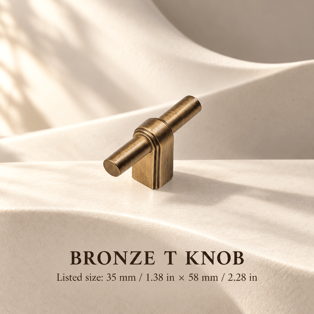 Bronze T knob, listed size 35 x 58 mm — individual measurements in millimeters and inches