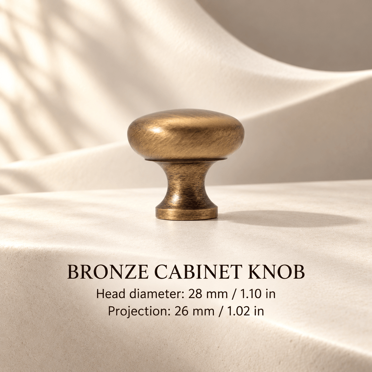 Bronze round pedestal knob 28 mm diameter — individual mm and inch dimensions