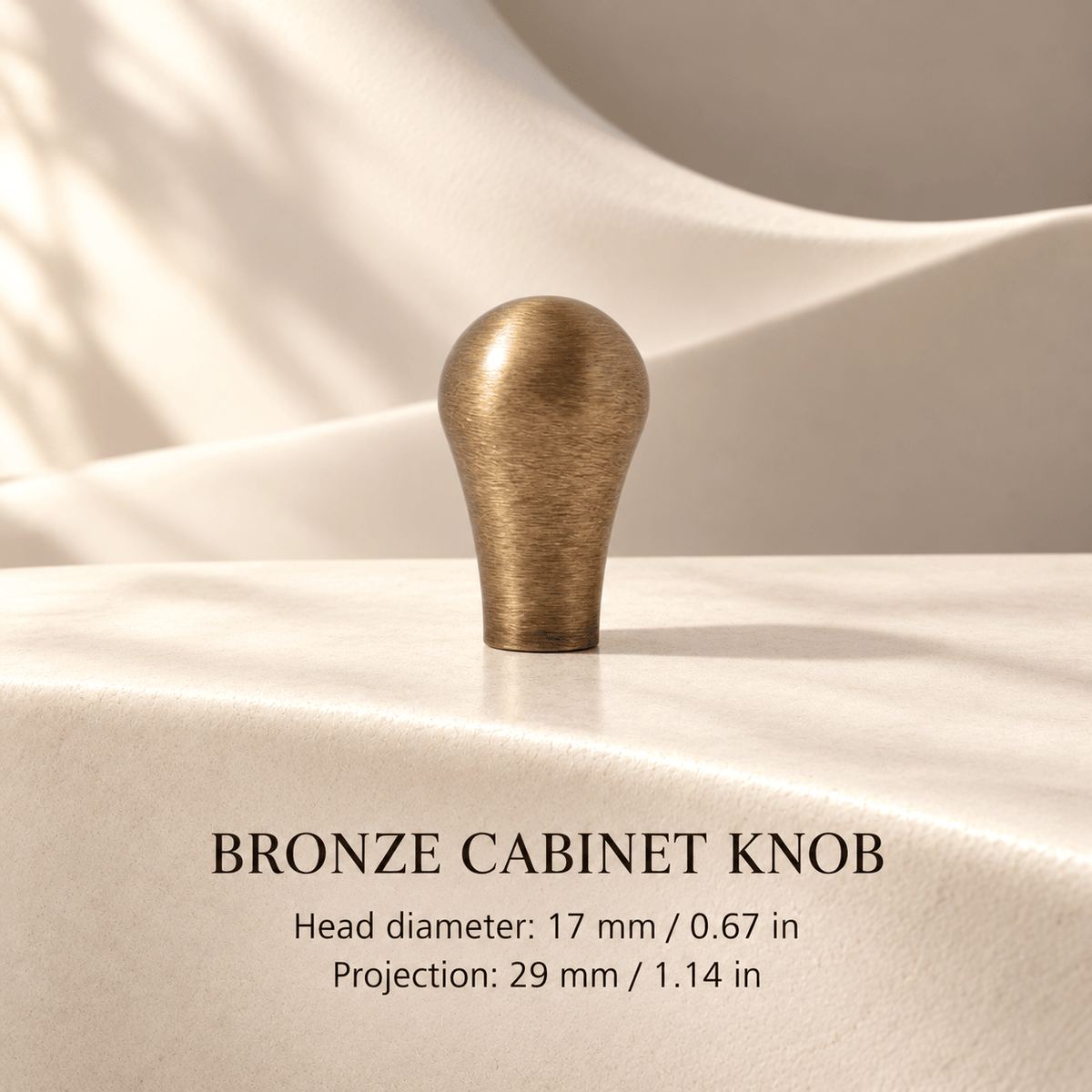 Bronze upright teardrop knob 17 mm diameter — individual mm and inch dimensions